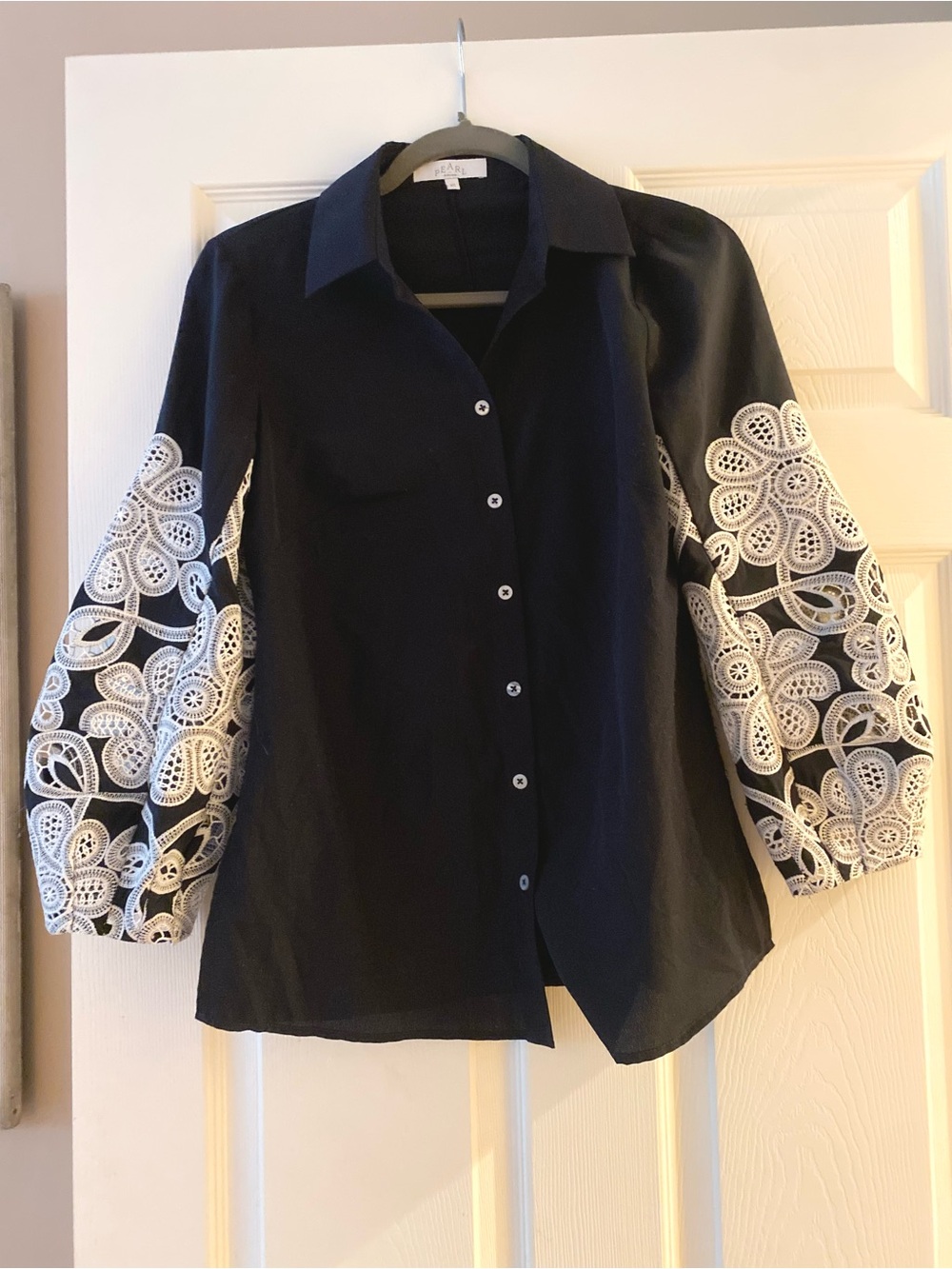 Pearl by Lela Rose Button -Front Blouse with White Lace Balloon Sleeves